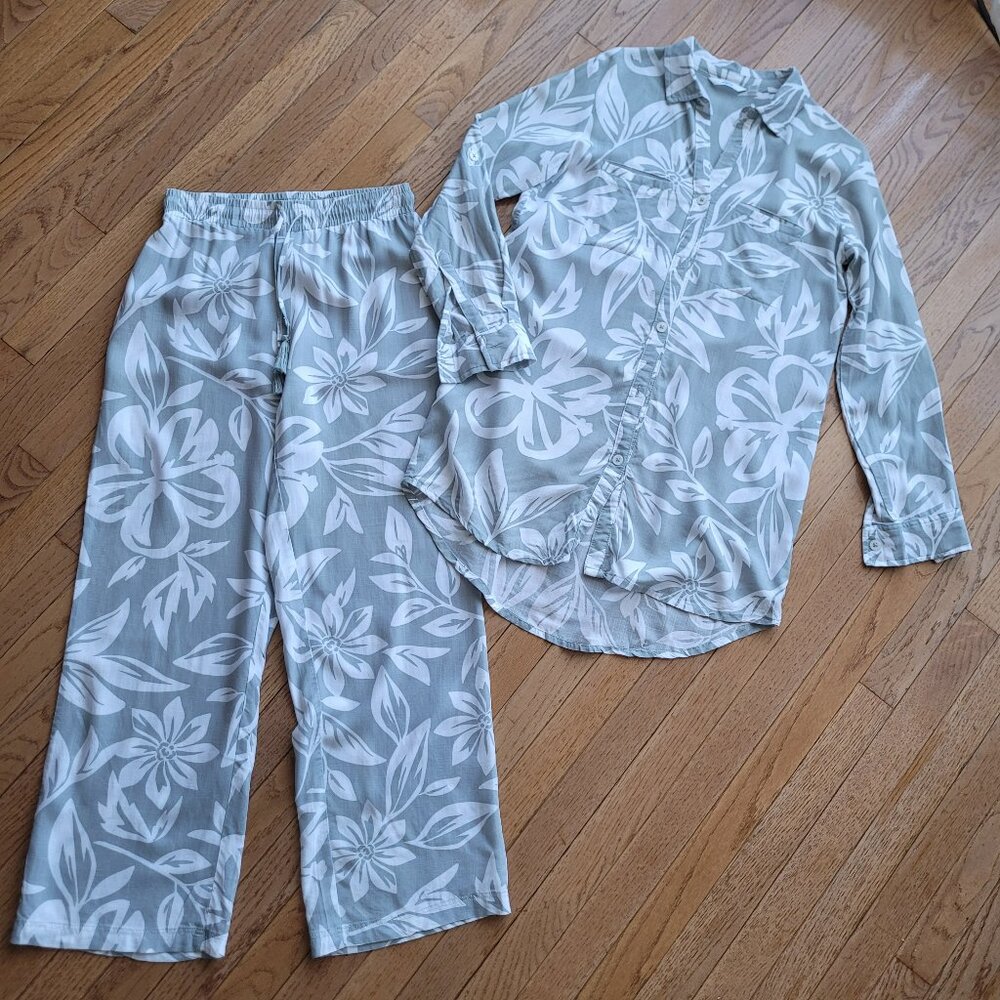 La Vie En Rose Aqua Dress with Matching Floral Wide Leg Pants XS